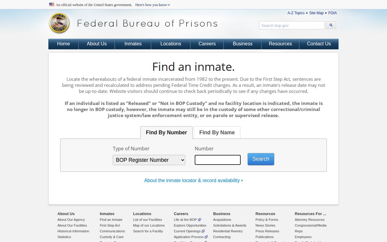 Federal BOP inmate locator separate from Chippewa County booking records