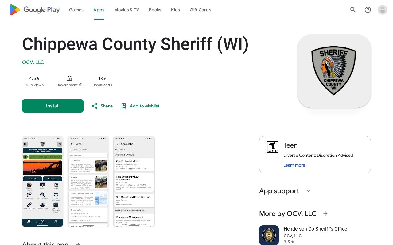 Chippewa County Sheriff Wisconsin app listing for jail and court resource access
