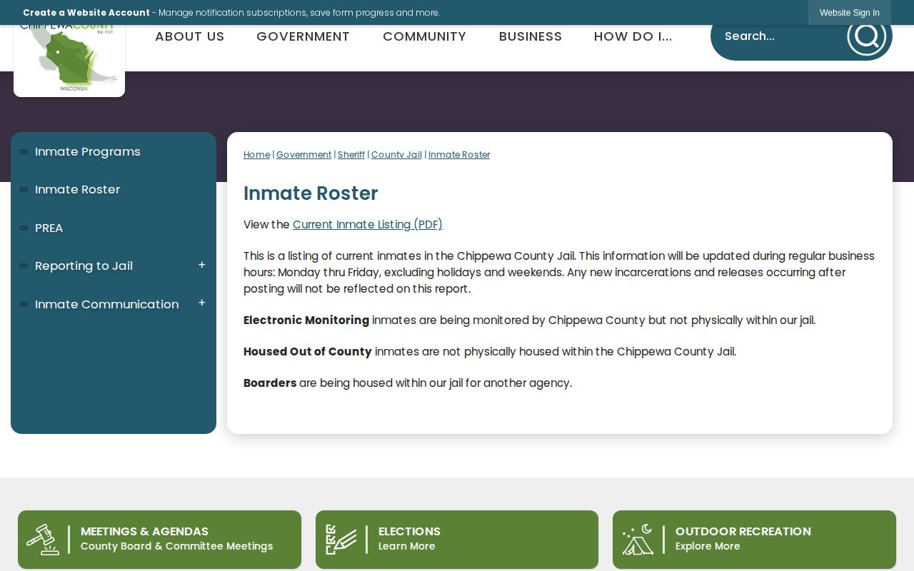Chippewa County current inmate roster instructions for booking record lookup